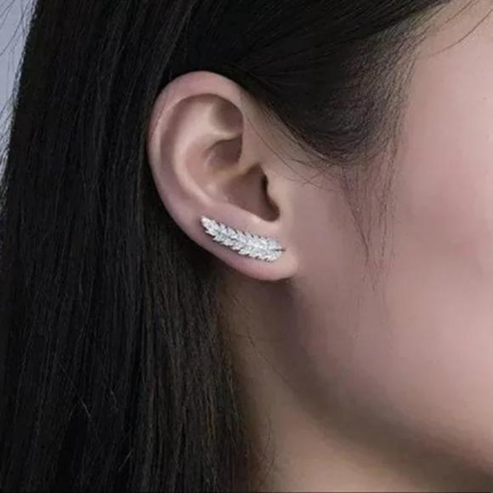 NEW DIAMOND 925 STERLING SILVER LEAF EARRINGS, BEAUTIFUL EARRINGS, CUTE EARRINGS - Picture 2 of 5